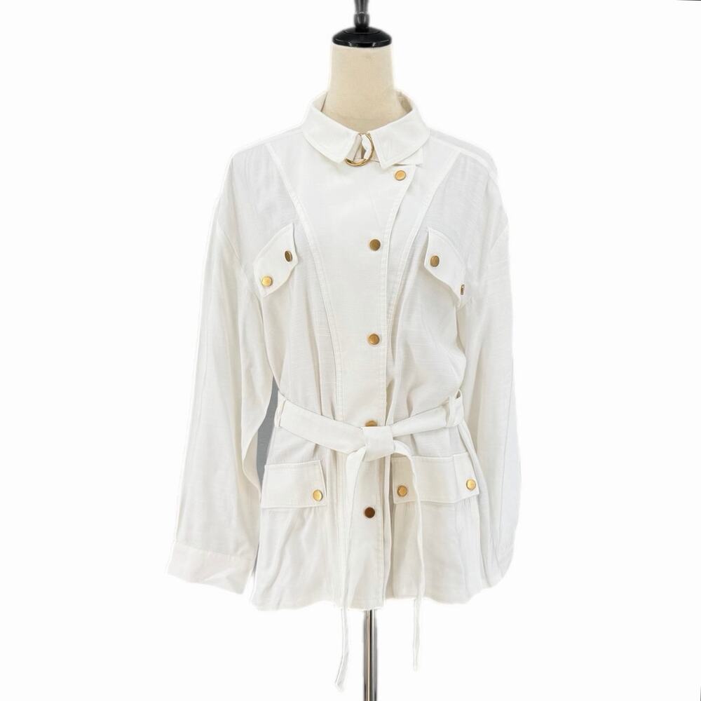 Donna Karan White Belted Utility Chic Lightweight Shacket Belted Classy Jacket
